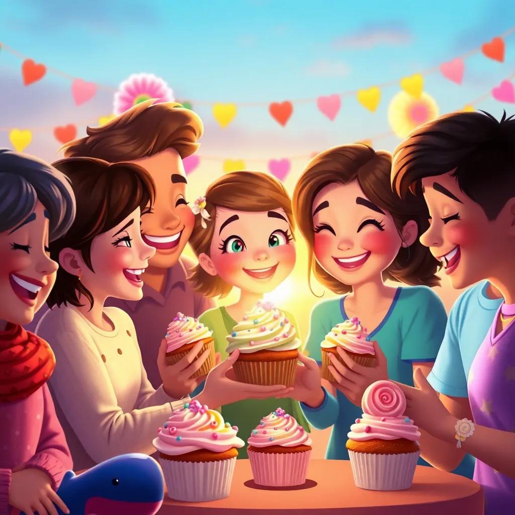 A heartwarming scene of Bella surrounded by friends, all smiling and laughing, sharing cupcakes with love and joy, colorful decorations in the background, shimmering sunset light, digital art, child-friendly, enchanting and whimsical