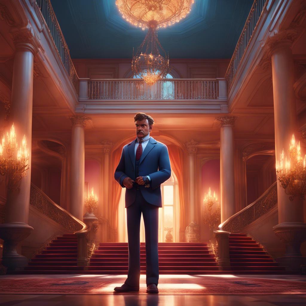 A brave detective standing in the grand foyer of a mansion, with luxurious decorations around, looking serious and determined, digital art, bright colors, dramatic lighting, high quality