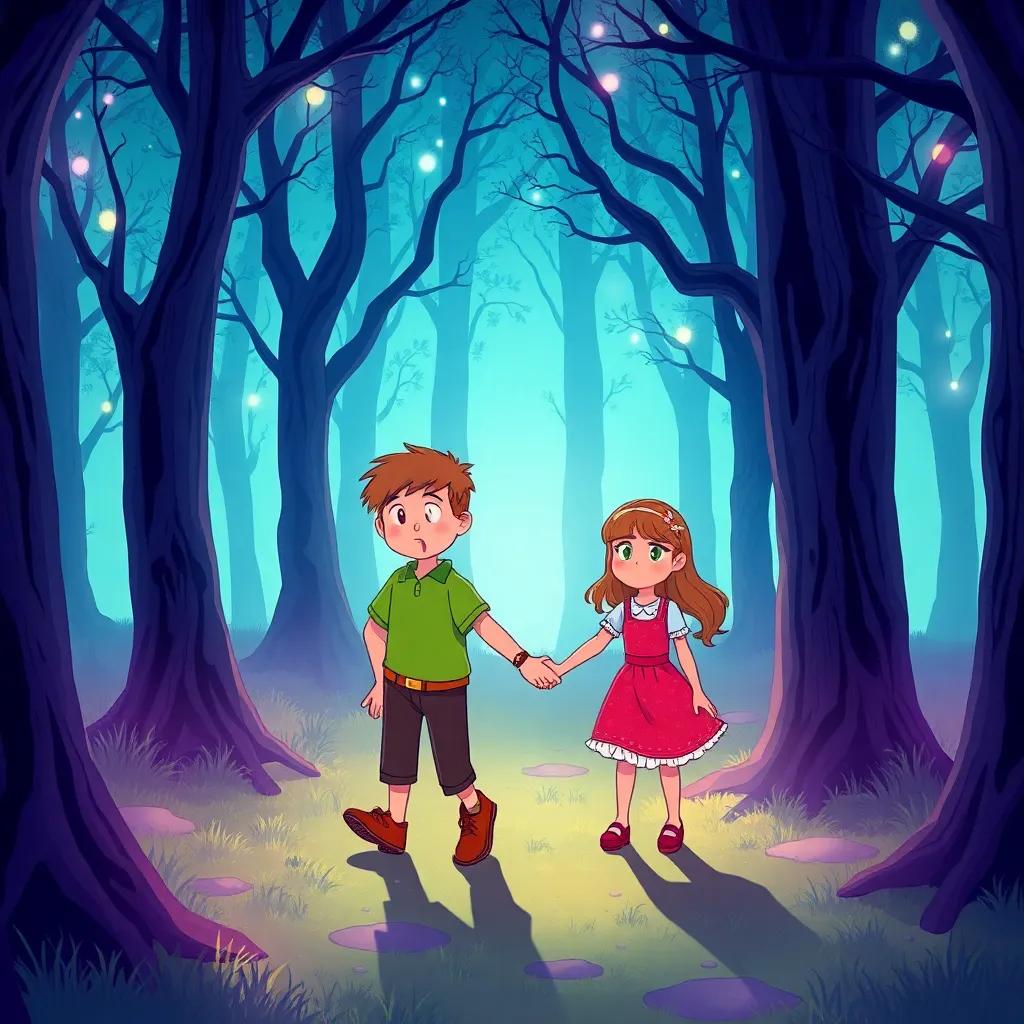A mystical scene in the Whispering Woods, with Tom and Lilly walking hand in hand, shadows of trees with whispers around them, Tom looking excited and Lilly slightly nervous, illustration, vibrant colors, enchanting atmosphere, child-friendly