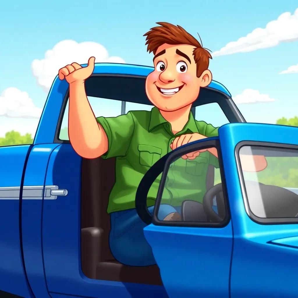 A middle-aged man, Uncle Joe, with short brown hair wearing a green work shirt and blue jeans, driving a big blue pickup truck on a sunny day, cheerful atmosphere, detailed illustration, bright colors, warm light, children's story style