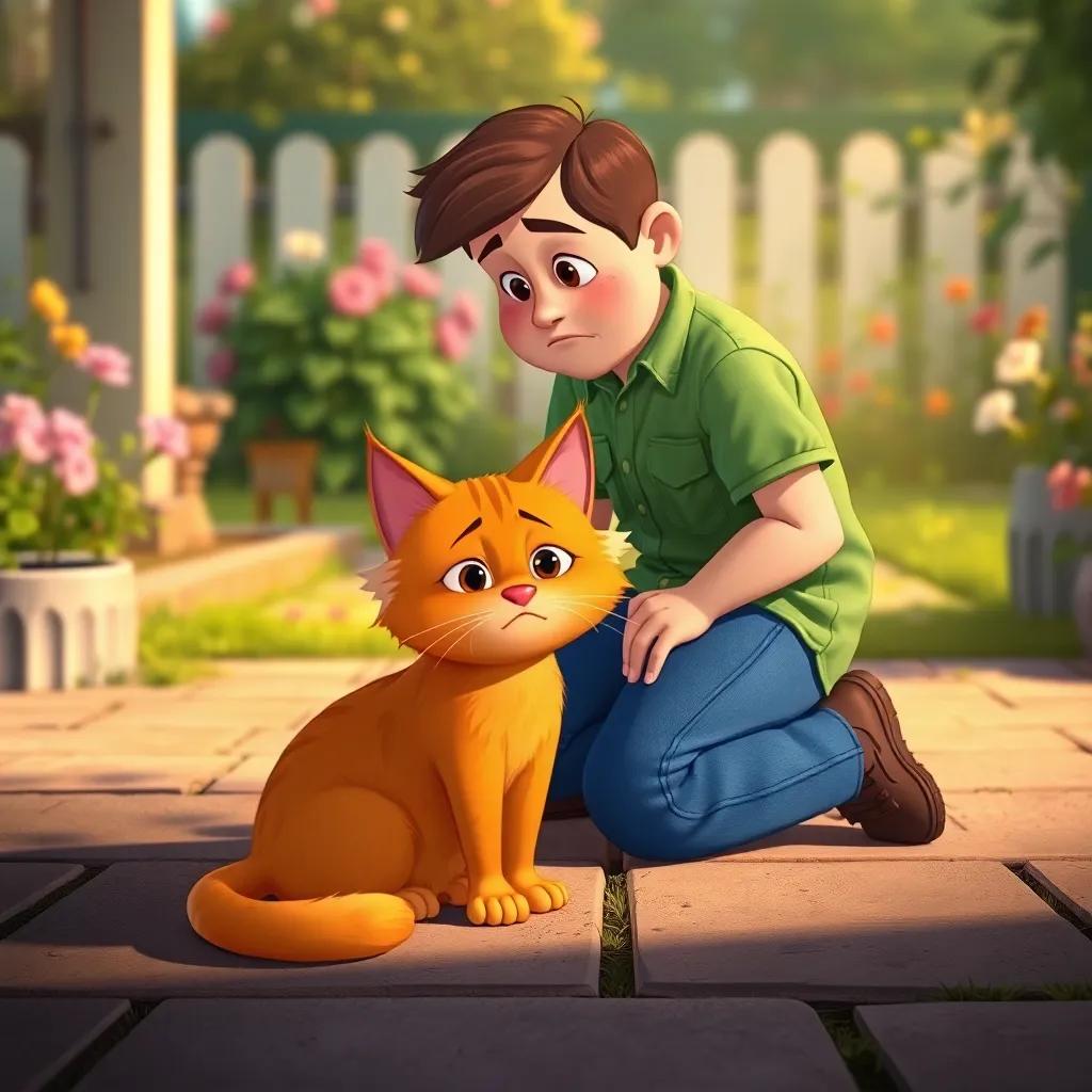 Uncle Joe, kneeling beside a ginger cat on the pavement, looking worried, green work shirt, blue jeans, soft sunlight, garden background, emotional scene, colorful, heartwarming, children's book illustration