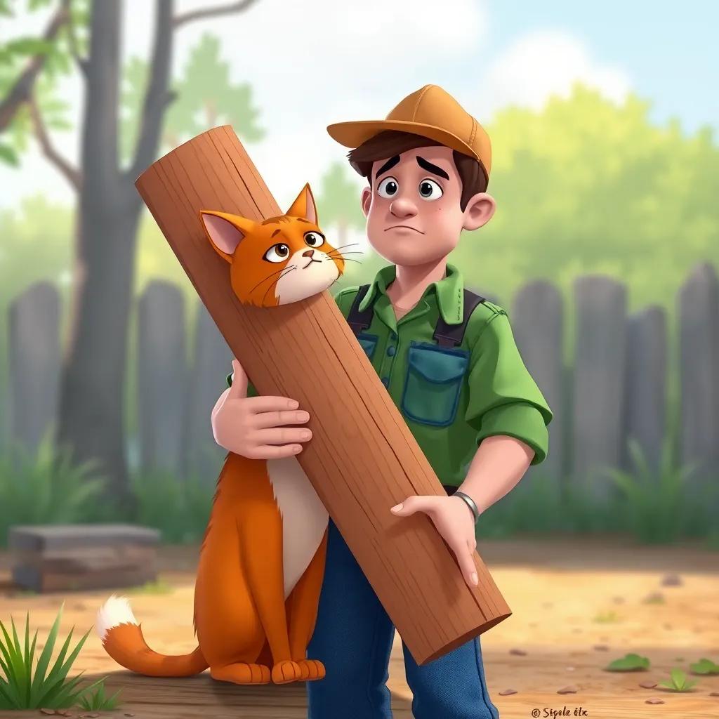 Uncle Joe holding a large piece of 2x4, looking sad, standing next to the ginger cat, green work shirt, blue jeans, soft light, outdoor setting, dramatic storytelling, clean colors, children's book style