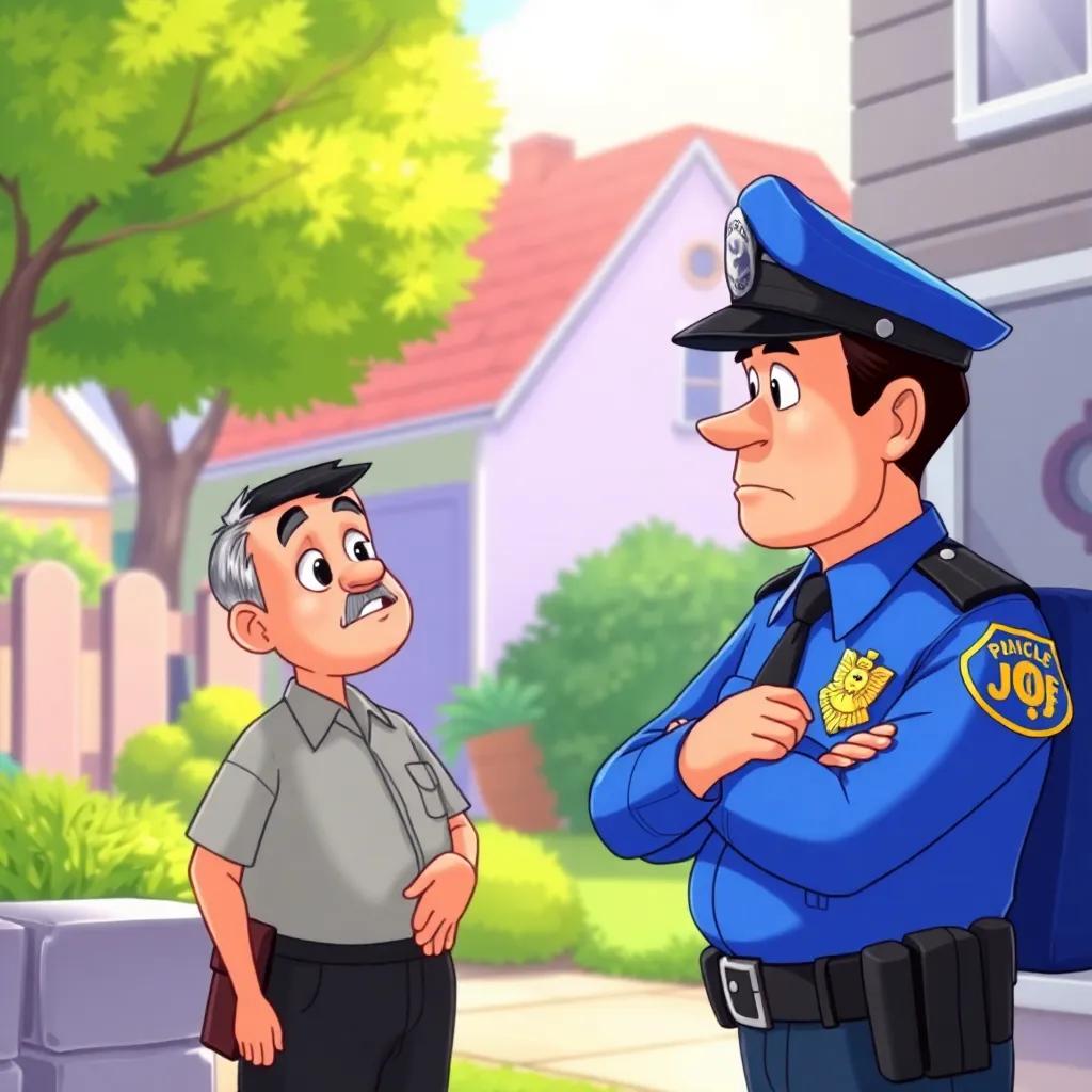 A police officer in a blue uniform speaking to Uncle Joe outside his house, concerned expression, sunny day, colorful neighborhood, vibrant illustration, children's storybook style, engaging visuals