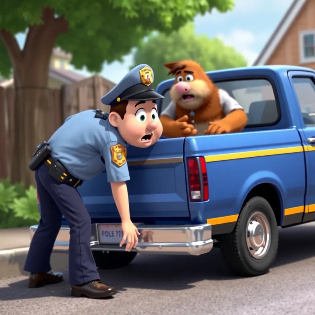 The police officer bending down to examine the truck, looking surprised, Uncle Joe watching nervously, blue pickup truck with some furry, colorful details, outdoor scene, engaging perspective, detailed children's art
