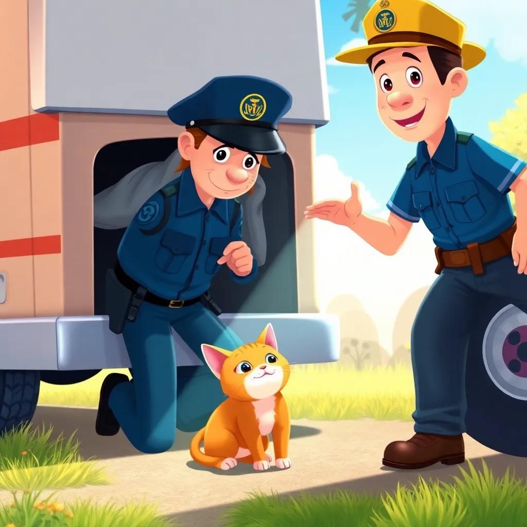 The officer discovering a ginger cat alive under the truck, pulling it out gently, bright surroundings, Uncle Joe looking relieved, friendly interaction, vibrant colors, children's story style