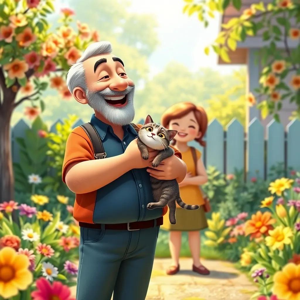 Uncle Joe smiling and laughing with the cat in his arms, standing in front of the family, colorful garden with flowers, happy atmosphere, warm light, engaging children's illustration