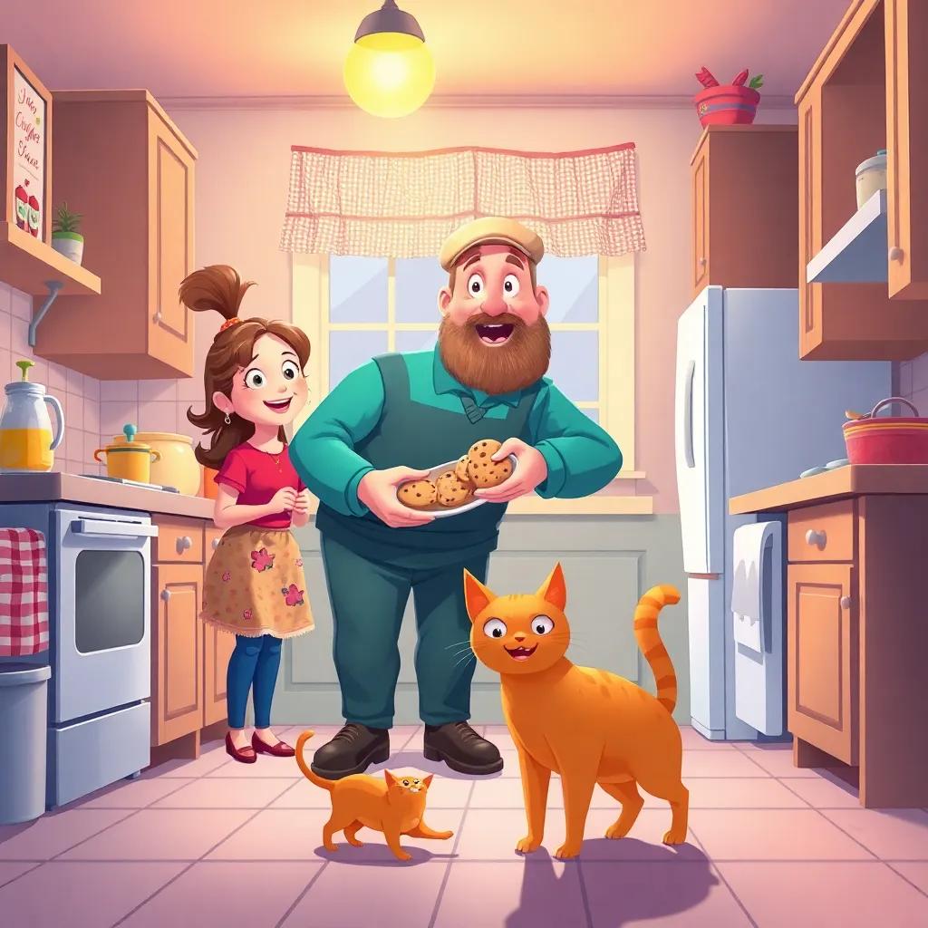 A cozy scene of Uncle Joe in the kitchen bringing cookies to a family, with the ginger cat playing at their feet, joyful ambiance, vivid colors, children's storybook illustration style