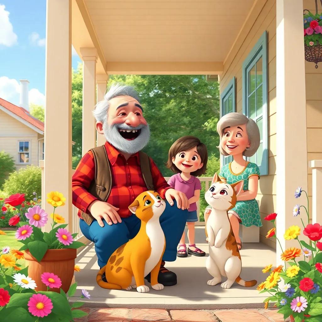 Uncle Joe sitting on a porch with the cat next to him, laughing with the family, bright sunlight, colorful flowers, charming neighborhood, friendly gathering, delightful children's illustration