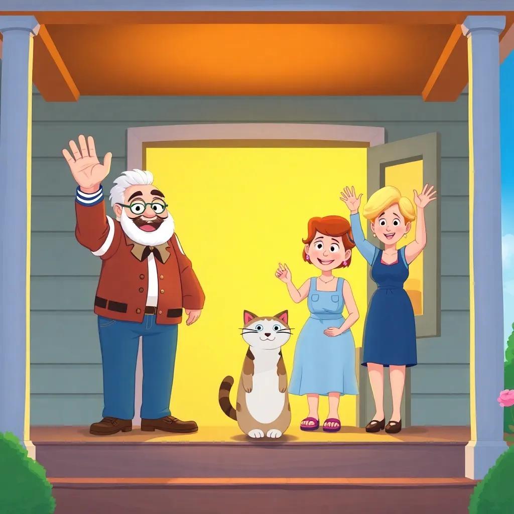 Uncle Joe and the family waving goodbye, with the cat sitting comfortably on the porch, cheerful atmosphere, bright blue sky, child-friendly illustration style, joyful and warm