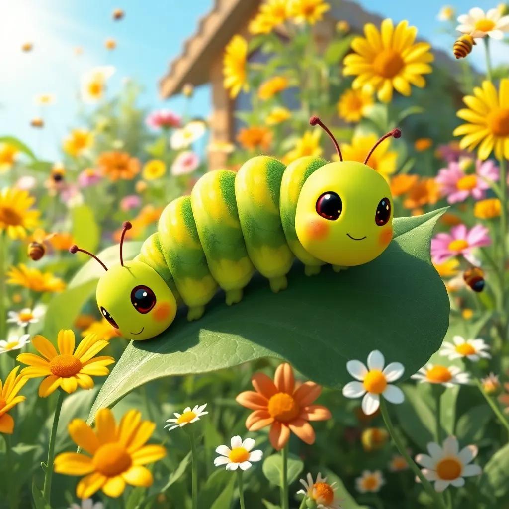 A curious caterpillar, Christy, with bright green stripes, crawling on a big leaf in a sunny garden, surrounded by colorful flowers and buzzing bees, digital art, vibrant and cheerful, child-friendly atmosphere