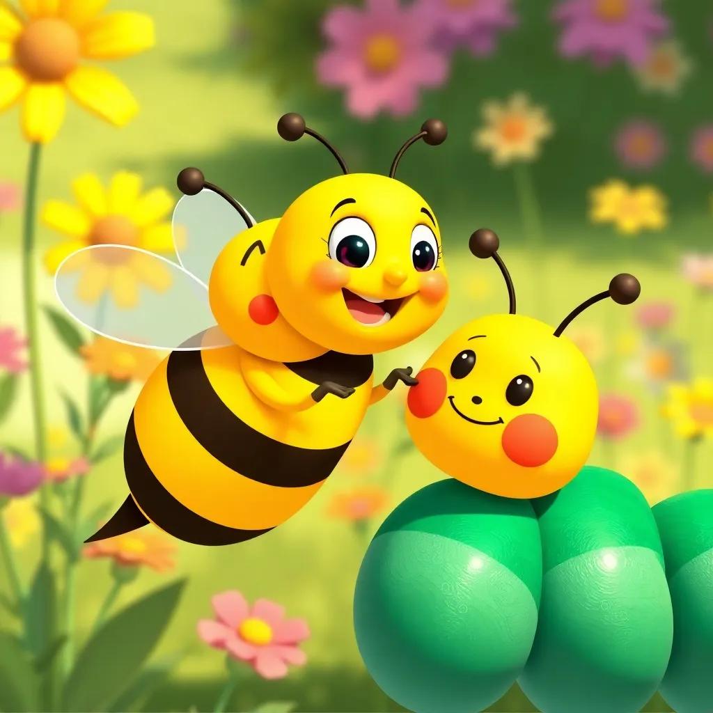 Benny the bee, with yellow and black stripes, happily buzzing around Christy the caterpillar, with bright flowers in the background, sunny day, playful interaction, colorful illustration