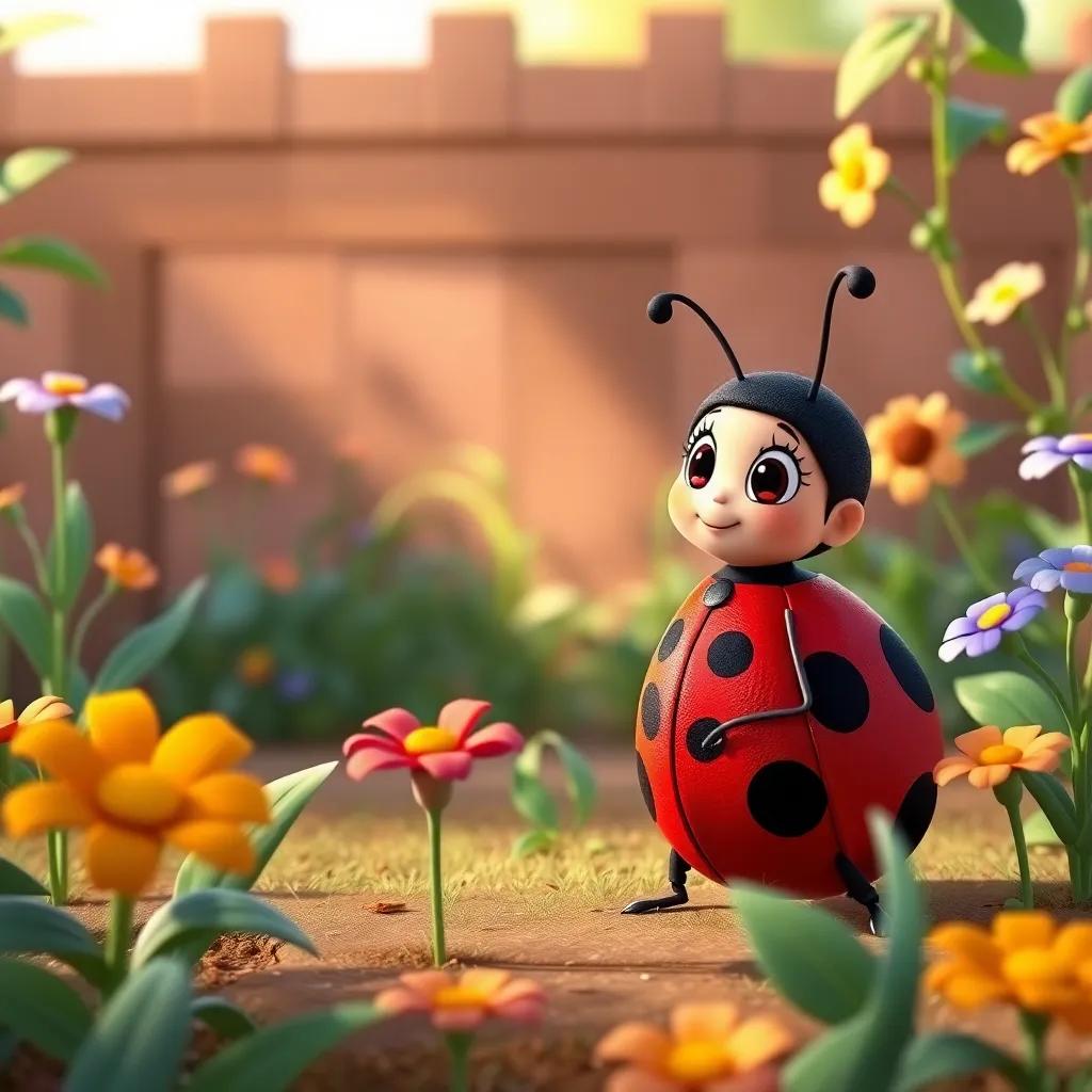 Lily the ladybug with her red shell and black spots, chatting with Christy, a friendly atmosphere in the garden, playful and engaging scene, cheerful and colorful, child-safe art