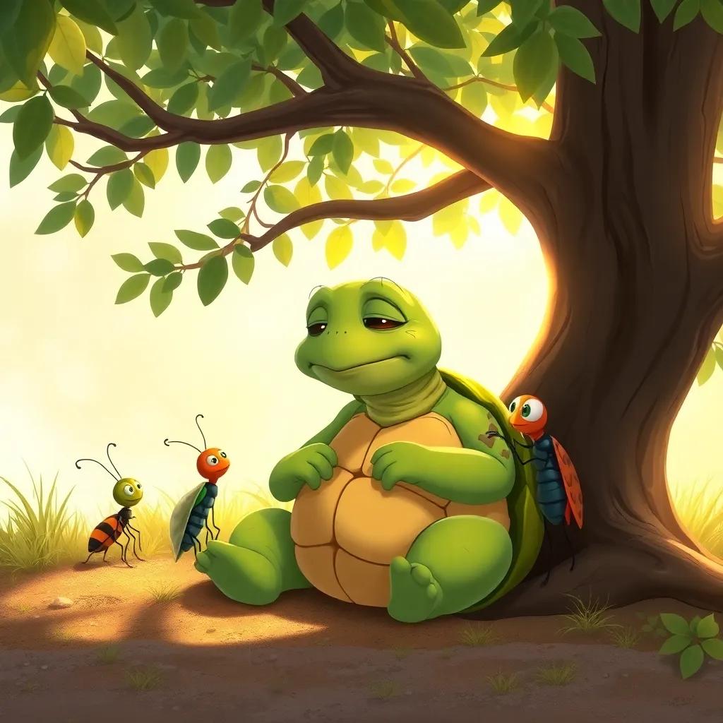 Max the wise old turtle with green skin, sitting peacefully under a tree, sharing wisdom with three insect friends, warm sunlight filtering through the leaves, comforting scene, illustrative art