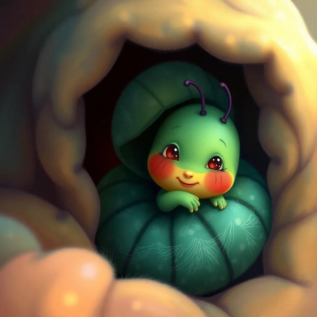 Christy the caterpillar, snug in her cozy cocoon, with soft colors around her, representing safety and calmness, warm and inviting atmosphere, digital painting, highly detailed, fantasy-style