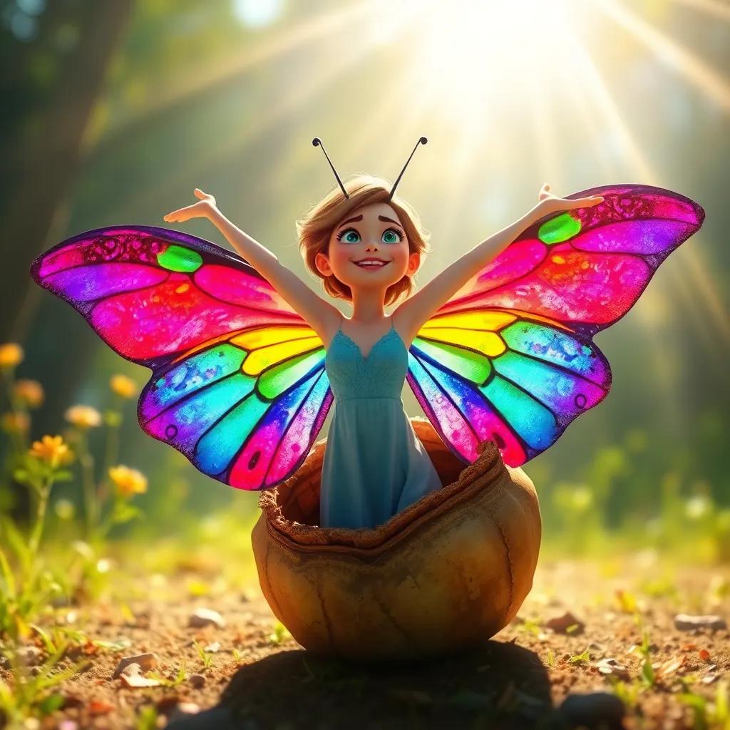 Christy emerging from her cocoon, with her vibrant, colorful wings stretching out in the sunshine, rays of light illuminating her transformation, joyous moment, digital art, uplifting and bright