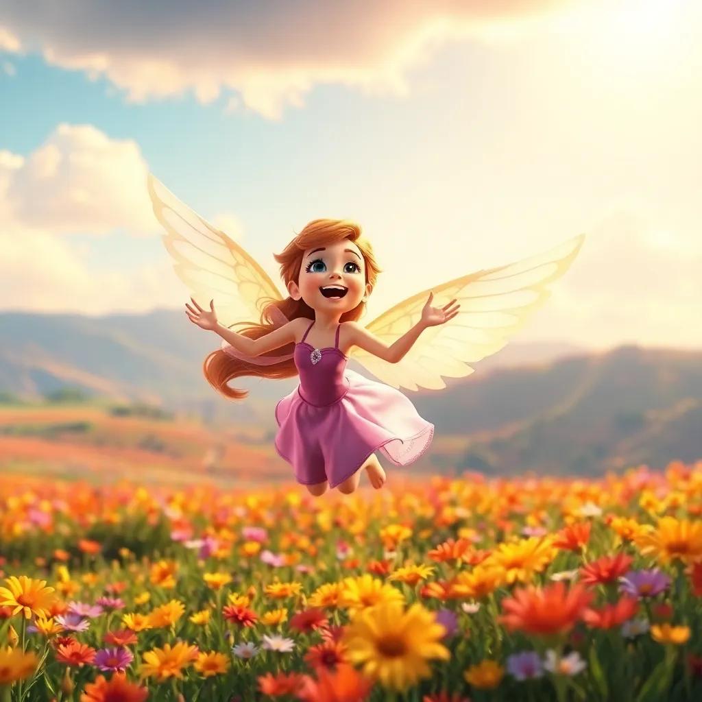 Christy flying happily over a field of flowers, her beautiful wings catching the sunlight, laughter and fun in the air, cheerful atmosphere, colorful landscape, high quality