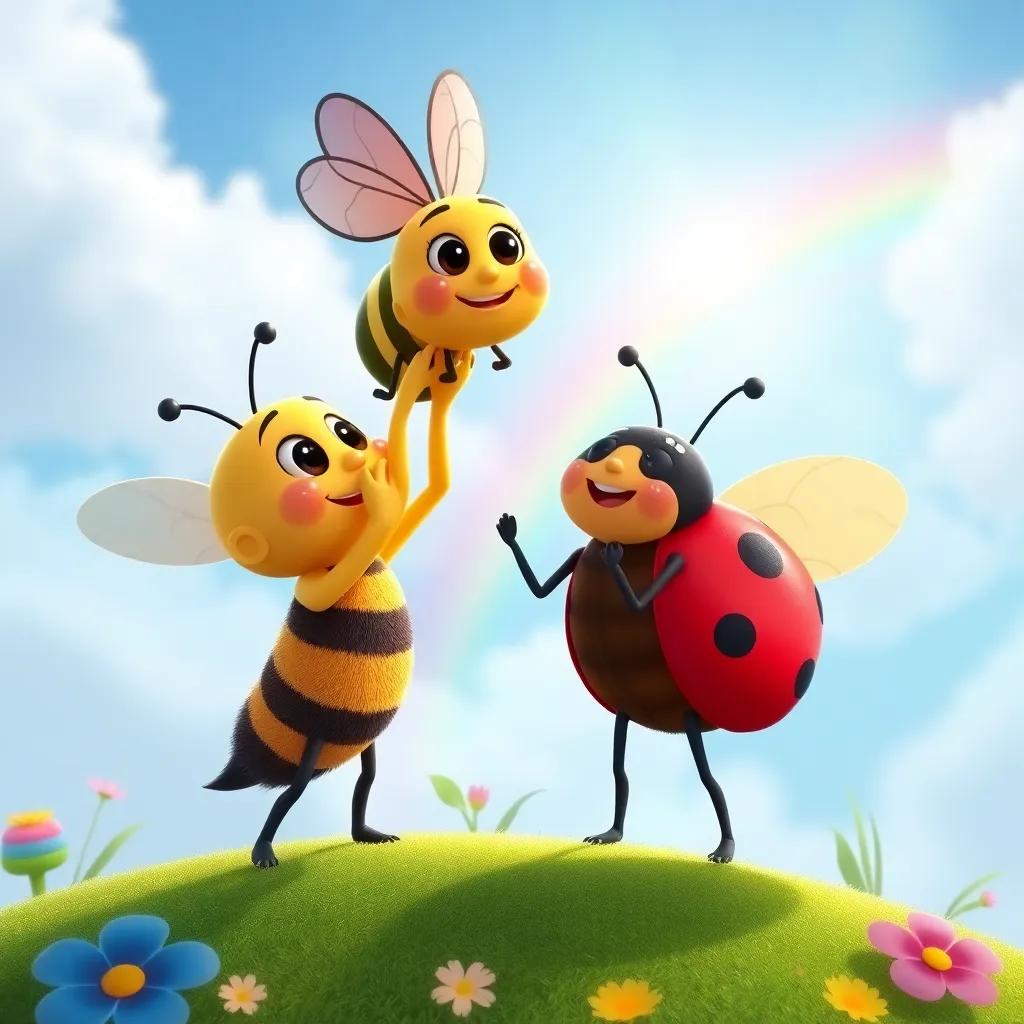 Benny the bee and Lily the ladybug cheering for Christy in the sky, with a bright rainbow in the background, a sense of friendship and joy, colorful and bright art, child-friendly