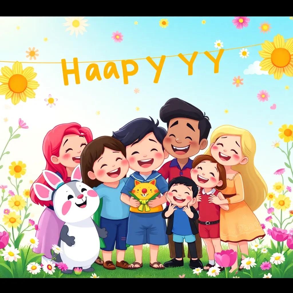 All the characters together in a happy celebration, with flowers, sunshine, and laughter surrounding them, heartwarming scene of friendship and joy, colorful illustration, friendly, inviting atmosphere
