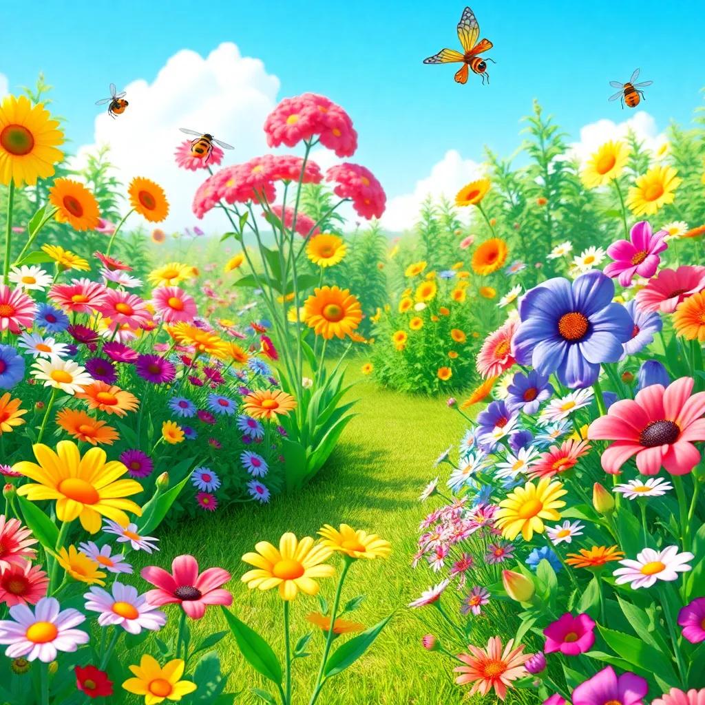 A bright and colorful garden, filled with flowers and insects, depicting the beauty of friendship and change, vibrant and inviting scenery, digital art, child-friendly and engaging