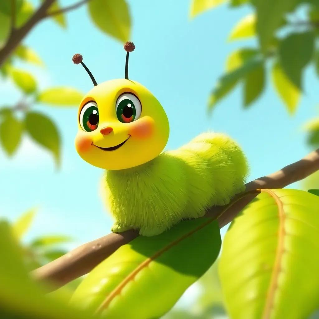 A bright green and fluffy caterpillar named Christy, sitting on a leafy tree, looking curious and excited, sunny day, vibrant colors, cheerful atmosphere, high quality
