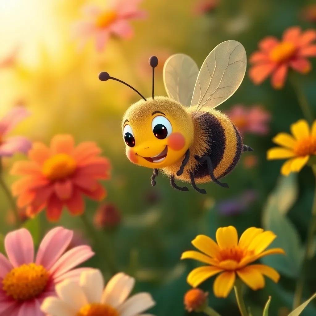 A small bee named Benny buzzing around collecting nectar from flowers, colorful flowers in the background, warm sunlight, focused and joyful expression, digital art, cheerful, high quality