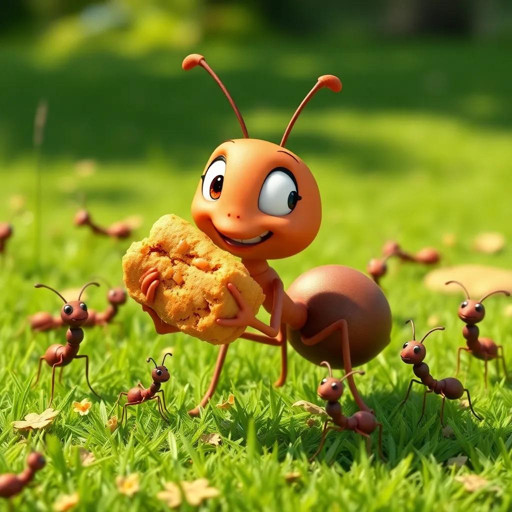 A tiny ant named Tina carrying a large crumb, with fellow ants around her, busy and happy scene, green grass and sunny background, playful and lively, bright colors, high quality