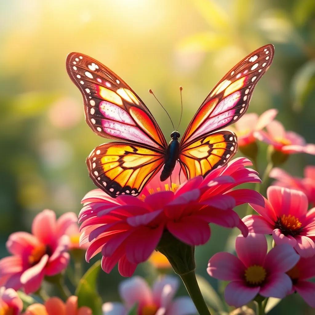 A butterfly named Bella resting gracefully on a colorful flower, with dazzling wings, glowing in the sunlight, flowers around her, serene and bright, enchanting scene, high quality