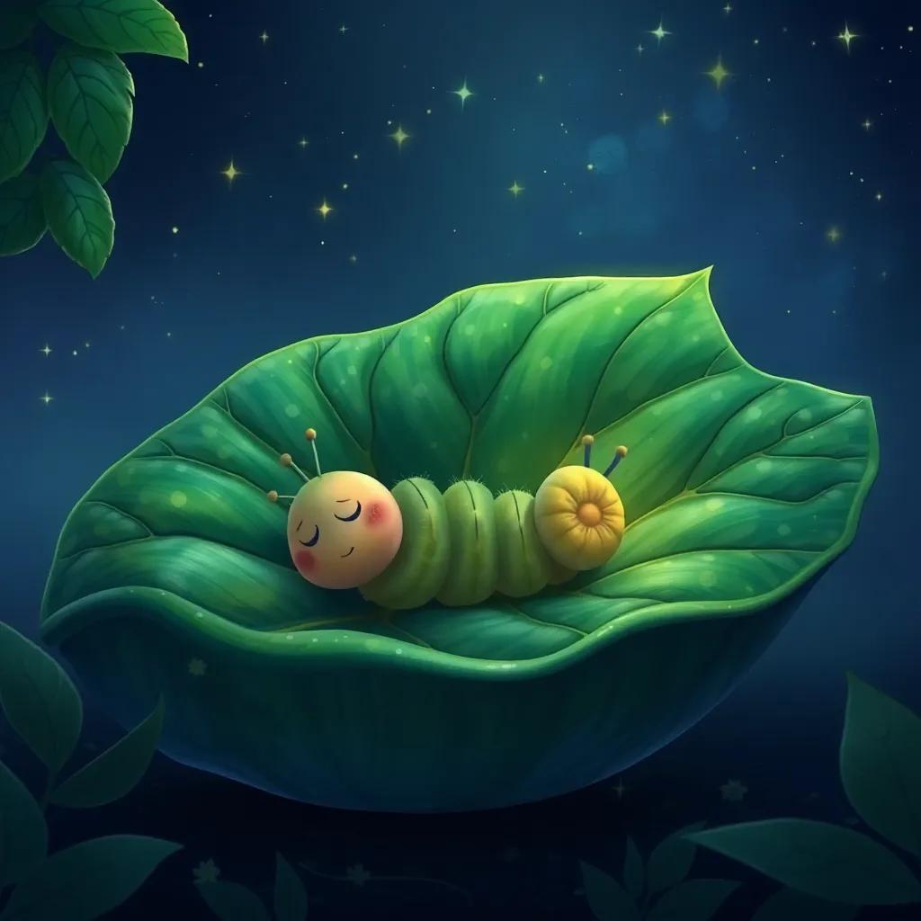 A cozy large leaf where Christy the caterpillar curls up to sleep after a long day of adventure, nighttime with twinkling stars above, peaceful and warm atmosphere, high quality