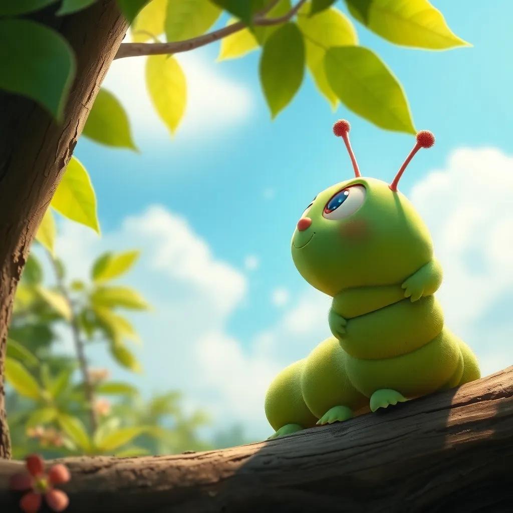 Christy the caterpillar looking up at the bright sky, wondering about the world beyond her tree, with dreams of flying, exciting and hopeful vibe, high quality