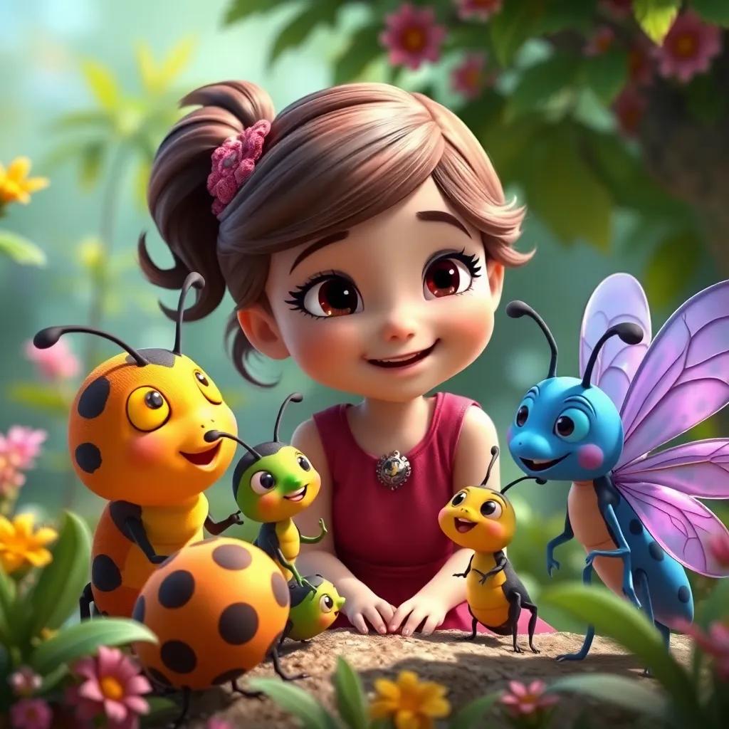 Christy meeting her insect friends, including Benny, Tina, and Bella, all in one joyful scene, vibrant colors, surrounded by nature, happy interactions, high quality