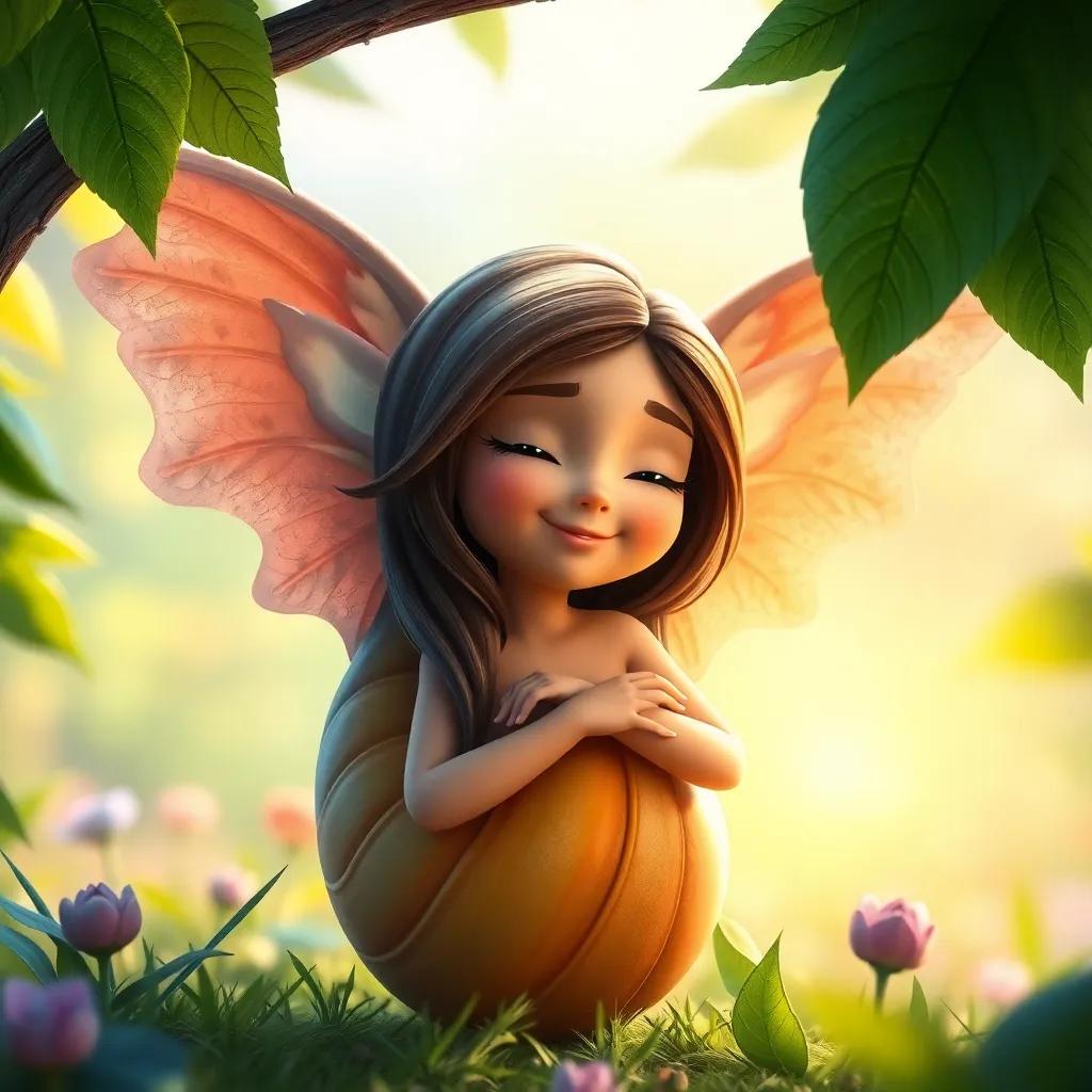 Christy in her cocoon, starting to change, with a peaceful expression, surrounded by nature, soft light, colorful background, sprouting new wings, hopeful feeling, high quality