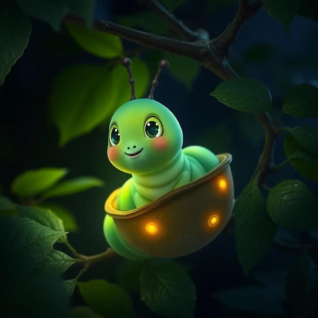 Christy the caterpillar, now in a cocoon, looking brave and full of dreams, glowing softly among tree leaves, deep green colors, magical transition, high quality