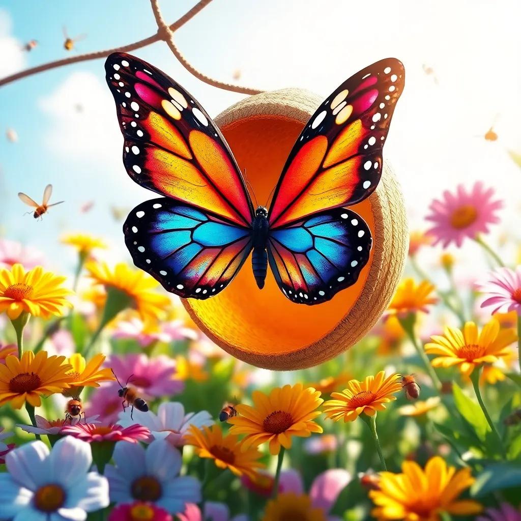 A beautiful butterfly emerging from a cocoon, spreading its colorful wings, surrounded by flowers and insects celebrating, bright sunshine, joyful atmosphere, high quality