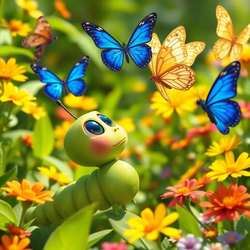 A small green caterpillar named Carl, looking up at blue and golden butterflies in a sunny garden, full of bright flowers and green leaves, digital art, colorful, bright atmosphere, cheerful and inviting