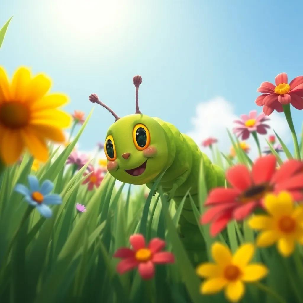 Carl, the green caterpillar, cautiously crawling through tall grass under a shining sun, surrounded by colorful flowers, detailed illustration, vibrant colors, joyful exploration, perspective from below