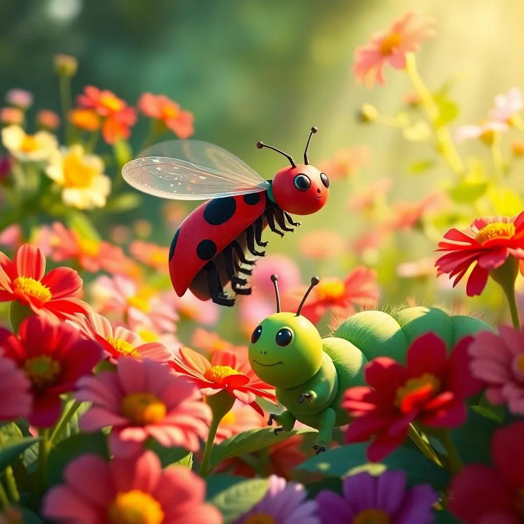 Bella the ladybug flying around Carl, the green caterpillar, in a vibrant garden filled with blooming flowers, with sunlight streaming down, digital art, lively colors, heartwarming interaction, close-up view