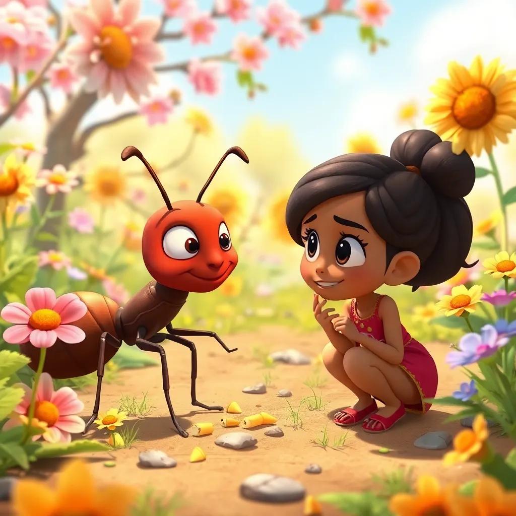 Sam the ant gathering tiny food pieces nearby, with Carl and Bella discussing dreams in a blooming garden, sunny background, illustration, lively environment, friendly and encouraging vibe