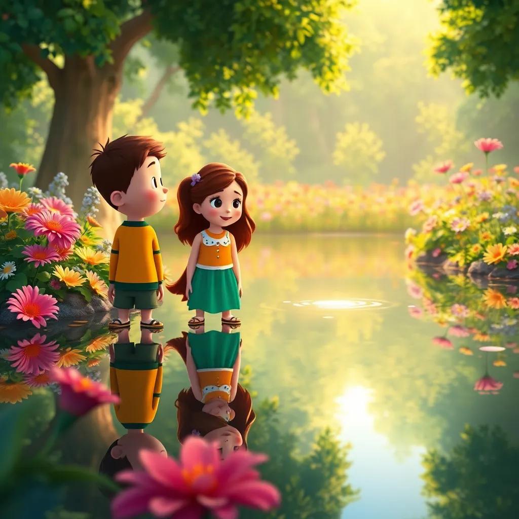 Carl, Bella, and Sam standing in front of a reflective pond, seeing their reflections in the water, surrounded by colorful flowers and greenery, digital painting, warm and inviting light, colorful and inspiring scene