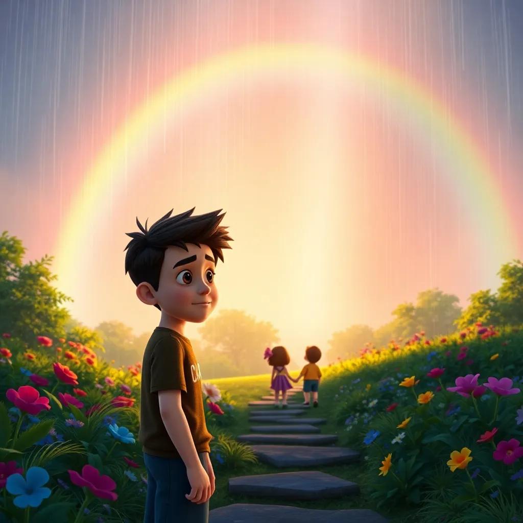 Carl, standing in front of a majestic rainbow appearing after the rain, showing strong emotions, with Bella and Sam encouraging him from a distance, vibrant garden, detailed digital art, inspiring setting