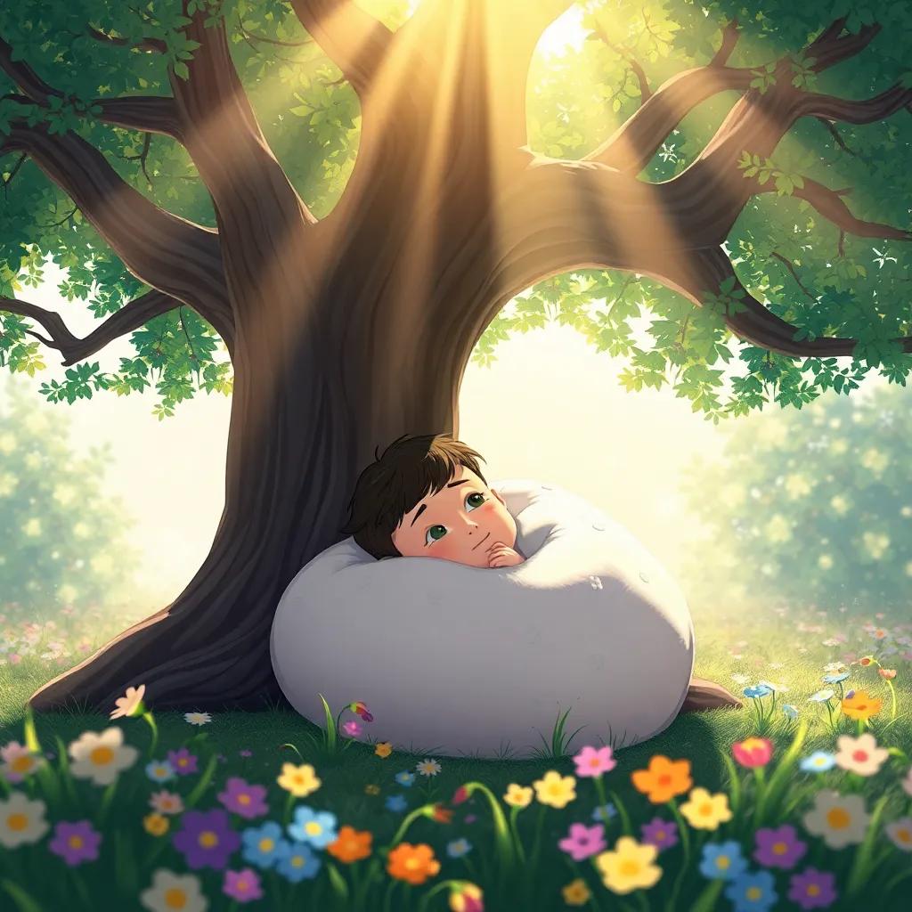Carl wrapped in a soft cocoon beneath a big tree, with sunlight shining down, dreamlike atmosphere, surrounded by flowers, peaceful and hopeful, colorful illustration