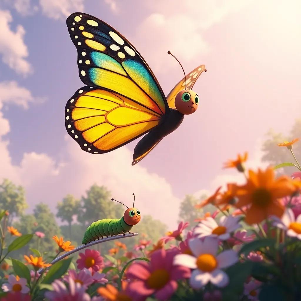 A beautiful butterfly soaring high above trees with Carl as a caterpillar below, imagining his future, in a vibrant garden with flowers waving in the wind, digital painting, uplifting colors