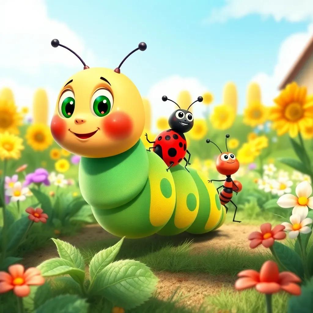Carl the caterpillar, with Bella the ladybug flying by his side, and Sam the ant behind, embarking on a new adventure with determination, in a cheerful garden with a bright blue sky, whimsical illustration, colorful and happy setting