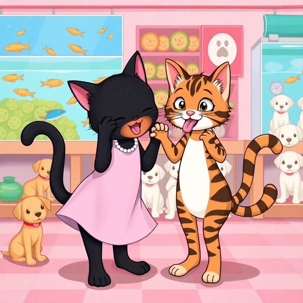 The black cat girl and tabby girl doing funny dances, licking their hands playfully, with a pet shop backdrop featuring fish tanks and happy puppies, illustration, lively and colorful, child-friendly view, high resolution