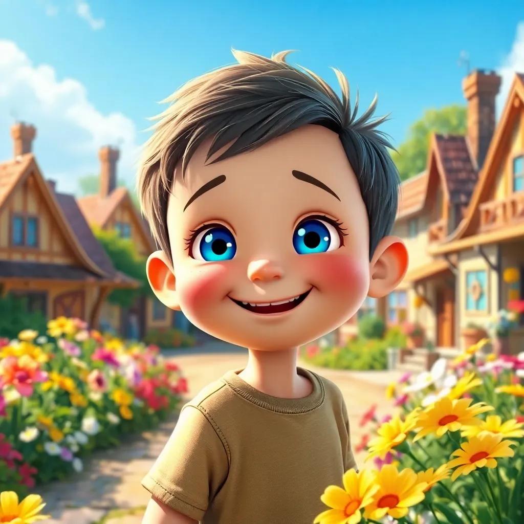 A curious child, Sam, with sparkling blue eyes and a big smile, exploring a sunny village filled with flowers, vibrant colors, cheerful atmosphere, digital art, inviting, warm light, high quality