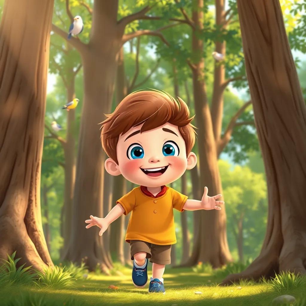 Sam, a curious child with sparkling blue eyes, joyfully walking through tall trees with birds chirping, sunshine filtering through leaves, cheerful and bright, illustration, adventure-themed, child-friendly