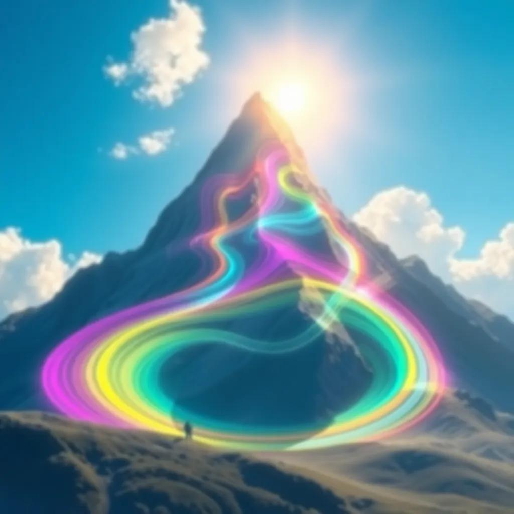 A majestic magical mountain with colorful lines swirling around it, glowing in sunlight, with a bright blue sky and soft clouds, enchanting scene, digital painting, realistic, uplifting, vibrant colors