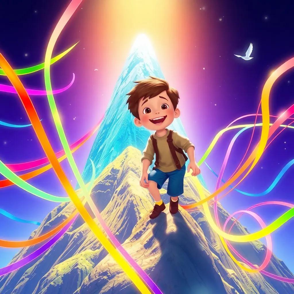 Sam, climbing the magical mountain, surrounded by swaying colorful lines that change colors, joyful expression, sunlight dancing around, colorful ribbons in the air, fantasy art, cheerful, vibrant