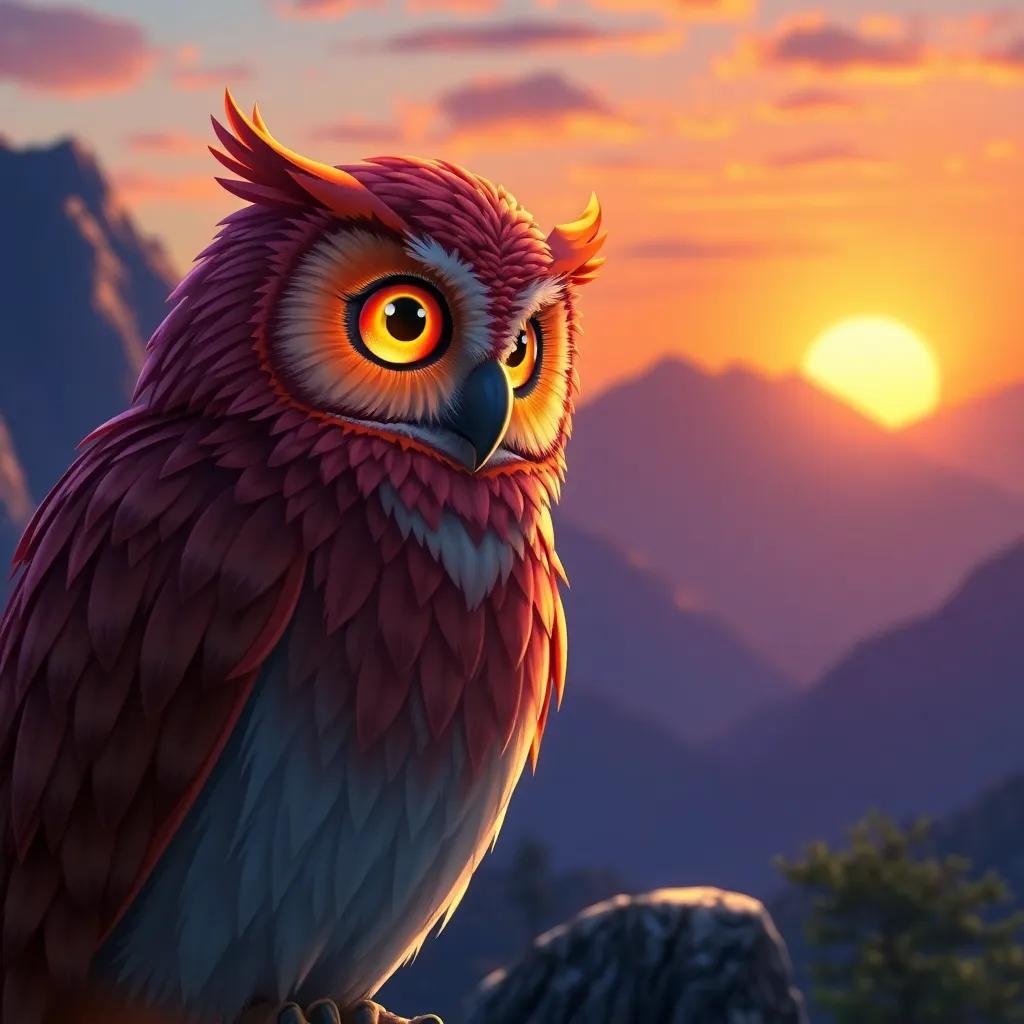 A wise old owl with bright feathers, perched nearby, sparkling eyes filled with wisdom, welcoming Sam at the mountain, with a peaceful sunset background, heartwarming, rich colors, storytelling view, digital art