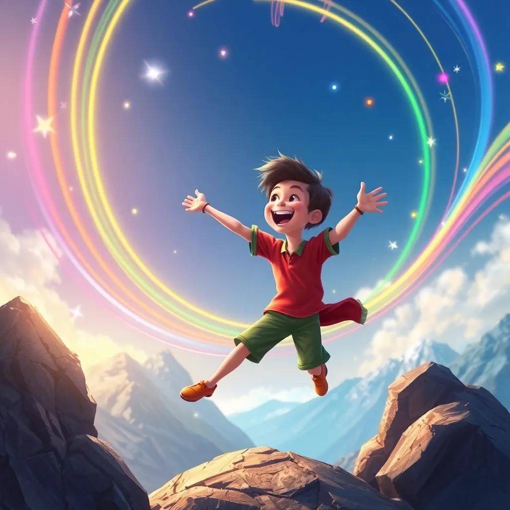 Sam, in a magical moment, dancing and twirling on the mountain, with colorful lines bursting around him, filled with laughter and joy, lively atmosphere, digital painting, realistic, uplifting