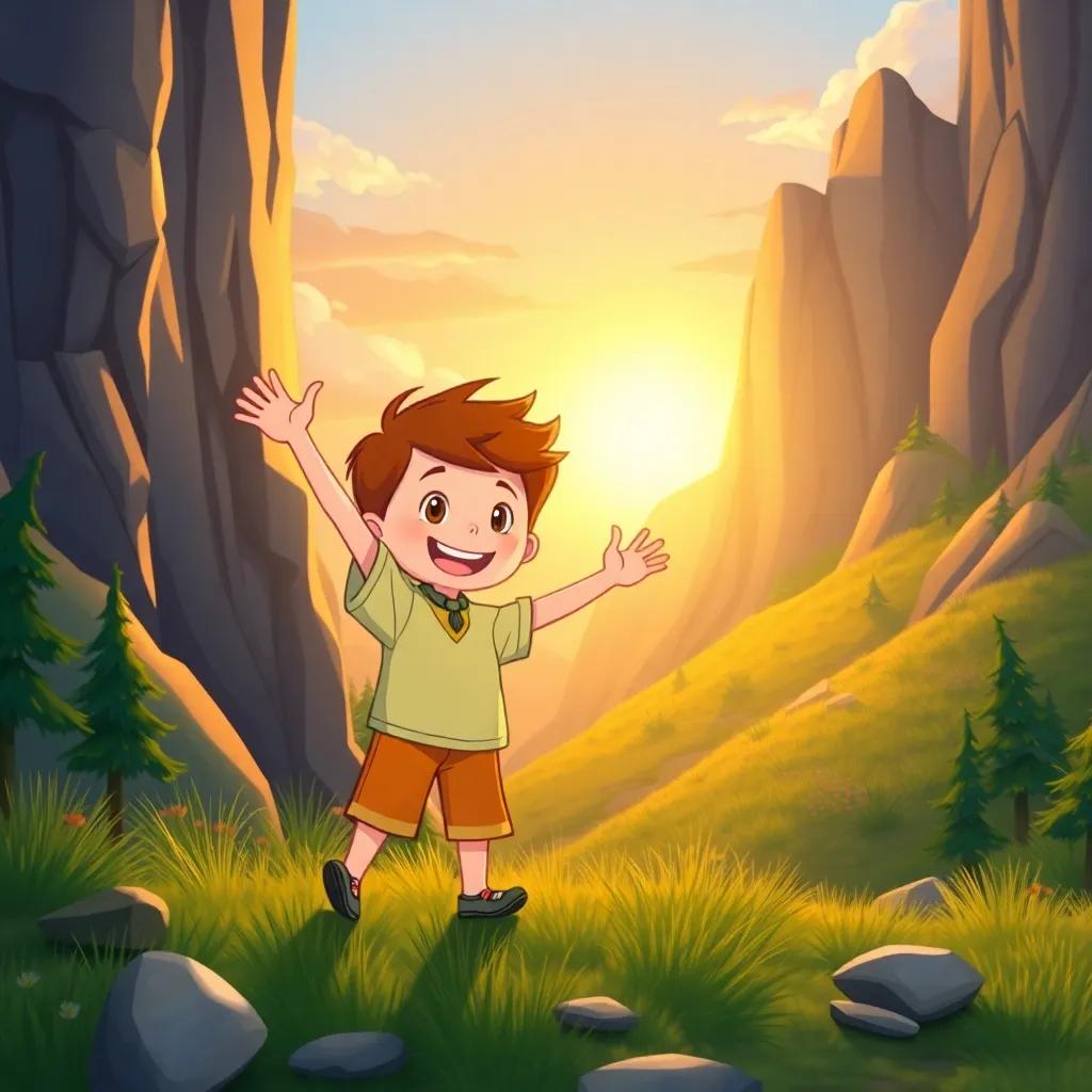 Sam, joyfully exploring the magic mountain, reaching out to touch lines of various colors, bright and cheerful, sunset glow, creating an inspiring scene, illustration, child-friendly